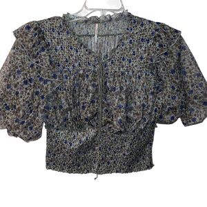 Free People Beatrice Top Womens L Floral Lace Smocked Lace Up Neckline Fairy